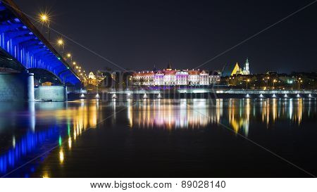 Night View Of Warsaw And The Slasko-dabrowski Bridge