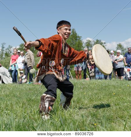 Man In Clothes Indigenous People Of Kamchatka Dancing With A Tambourine