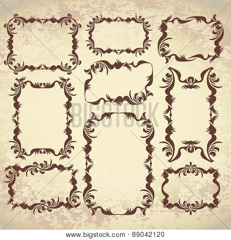 Set of 9 decorative, vintage frames on aged background. Vector illustration for your design.
