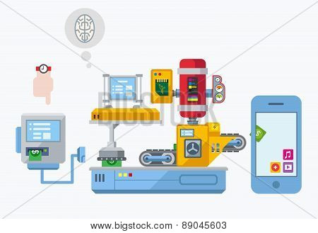 Mobile App Development Production Plant Flat Concept Illustration