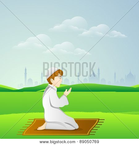 Holy month of muslim community, Ramadan Kareem celebration with illustration of islamic boy in traditional outfit reading Namaaz, islamic prayer in front of mosque or masjid.