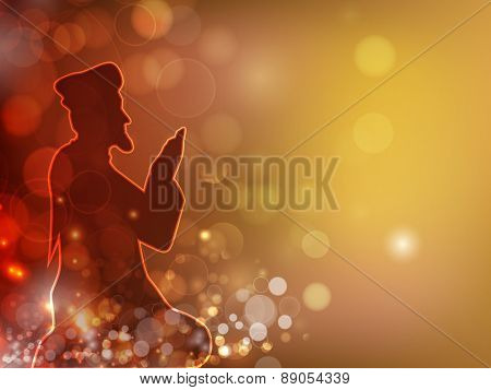 Islamic holy month of prayer, Ramadan Kareem celebration with illustration of islamic man reading Namaaz, made by neon light on shiny colorful background.
