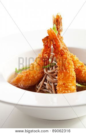 Japanese Cuisine - Soup with Deep Fried Shrimps and Noodles