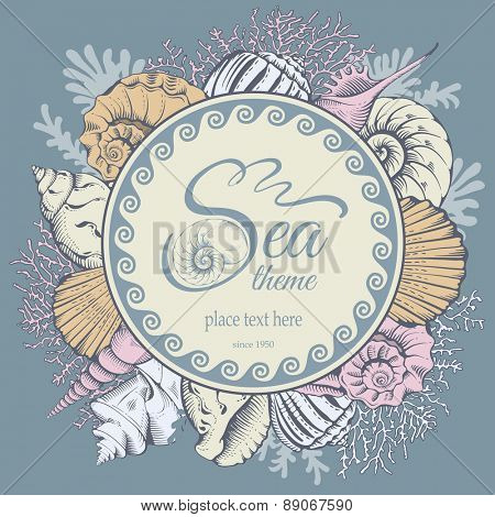 Composition with hand drawn sea elements - shells and corals. Vector illustration.