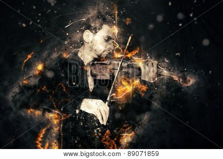 the violinist: Musician playing violin on dark background