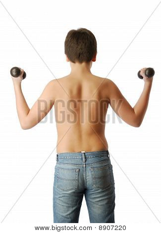 Arkadan görünüş boy Dumbbells ile.