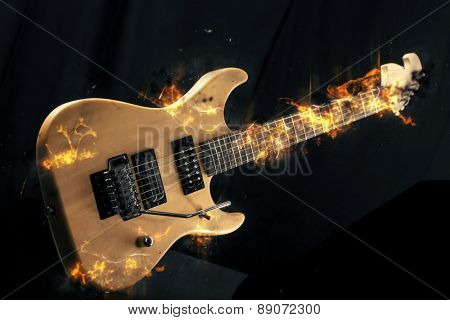 Electric Guitar on fire Isolated on Black Background