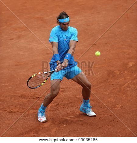 Fourteen times Grand Slam champion Rafael Nadal in action during match at Roland Garros 2015