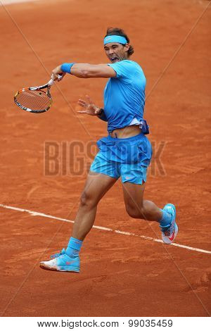 Fourteen times Grand Slam champion Rafael Nadal in action during match at Roland Garros 2015