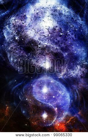 Yin Yang Symbol in space with  stars, crackle structure and  Abstract color background.