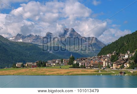 Amazing sunny day at Champferersee lake in the Swiss Alps. Silvaplana village, Switzerland, Europe.
