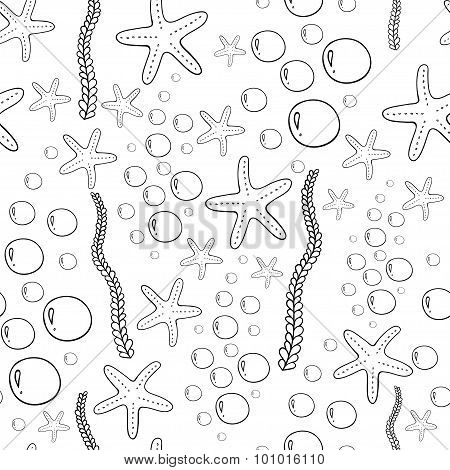 Ocean Alga, Seastar and Bubbles Isolated on White. Vector Pattern