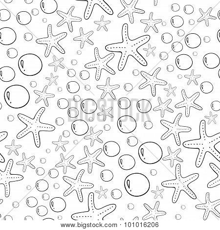 Ocean Alga, Seastar and Bubbles Isolated on White. Vector Pattern