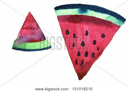 Watercolor colorful realistic hand drawn illustration of two ripe fresh juicy red green water melon slices with black seeds on white background