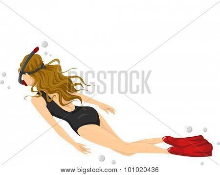 Illustration of a Female Swimming Snorkeling a Little Beneath the Surface