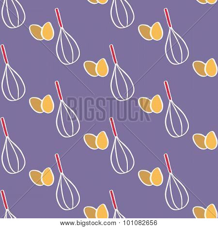 Whisk and eggs. Seamless pattern with whipping stuff. Hand-drawn background. Vector illustration.