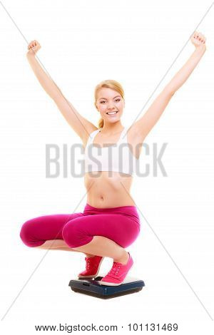 Glad Woman Weighing Scale. Slimming Weight Loss.