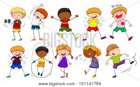 Boys and girls doing different activities illustration
