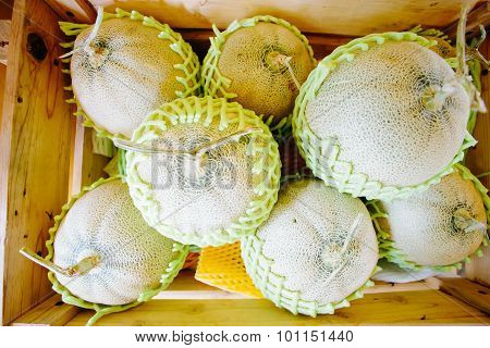 Box Of Cantalope Melons At The Farmers Market