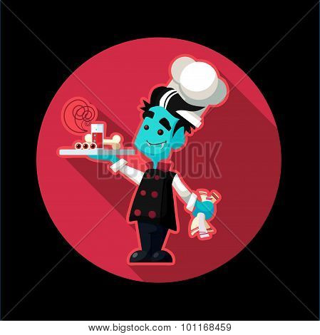 Round Flat Vector Icon With Vampire Cook And Kitchenware For Halloween