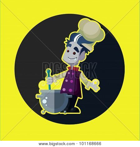Round Flat Vector Icon With Vampire Cook And Kitchenware For Hal