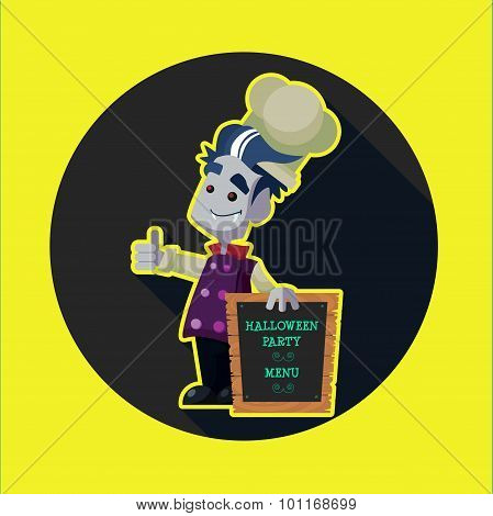 Round Flat Vector Icon With Vampire Cook And Kitchenware For Hal