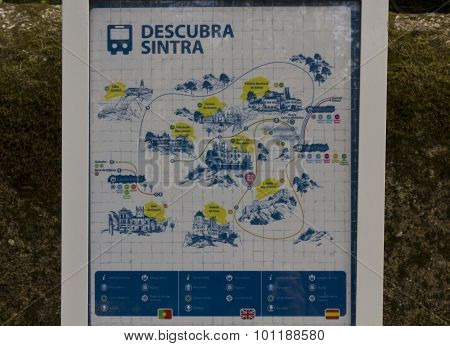Sintra, Portugal - October 25 2014: Sintra Bus Stop Board With All The Landmarks To See In The City