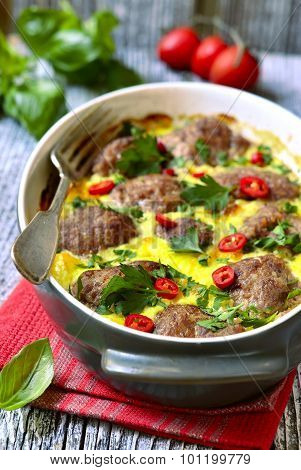 Meatballs Baked In Omelet.