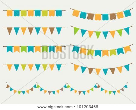 Vector Illustration of colorful flag carlands on grey background. Retro colors buntings and flags. Holiday set.