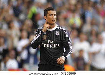 BARCELONA - MAY, 2015: Cristiano Ronaldo of Real Madrid celebrating a goal during a Spanish League match against RCD Espanyol at the Power8 stadium on Maig 17 2015 in Barcelona Spain