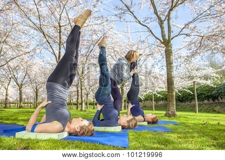 Yoga instructor helping young women with shoulder stand (salamba sarvangasana) in a blooming spring park