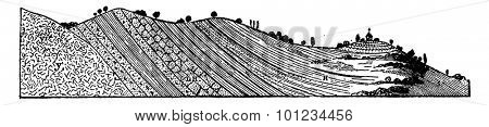 Section of coalfield Saint-Gervais, near Lodeve, vintage engraved illustration. Earth before man Arch 1886.