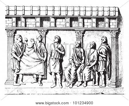 Taking manly toga (for after an engraved antique stone), vintage engraved illustration.