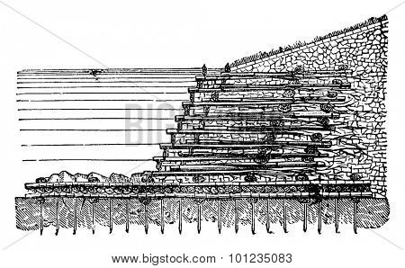 Cutting the dike in fascinage, vintage engraved illustration. Industrial encyclopedia E.-O. Lami - 1875.