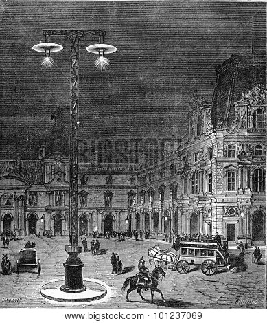 Lighting of the Place du Carrousel in Paris by electric light, vintage engraved illustration. Industrial encyclopedia E.-O. Lami - 1875.