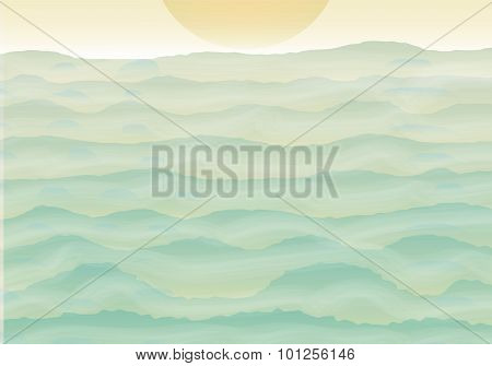 Hills Shiluette With Fog And Sun