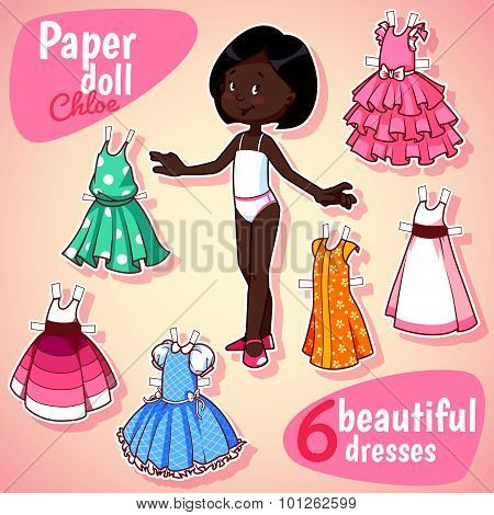 Very Cute Paper Doll With Six Beautiful Dresses. Brunet Girl. Vector Illustration On A White Backgro