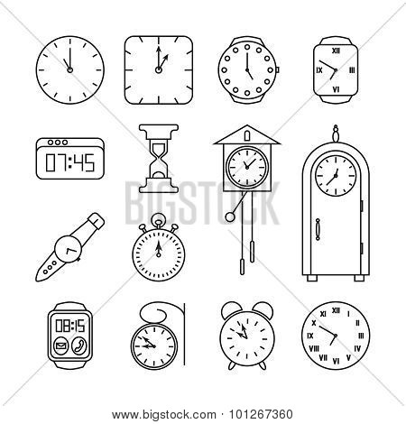 Clock and time vector line icons set