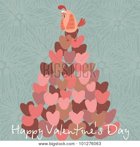 Happy Valentine's Day Card Iwith Cute Chicken. Stylish Floral Romantic Invitation Card In Vector