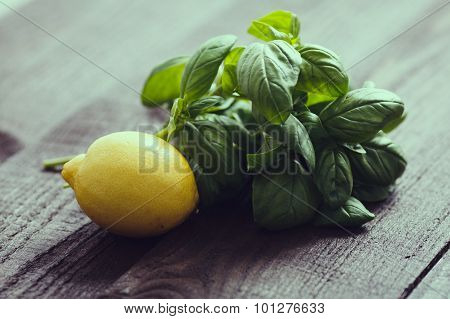 Basil And Lemon On A Dark Wood Background