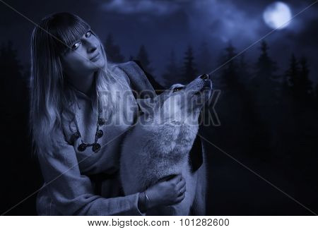 Girl And Wolf In The Deep Forest
