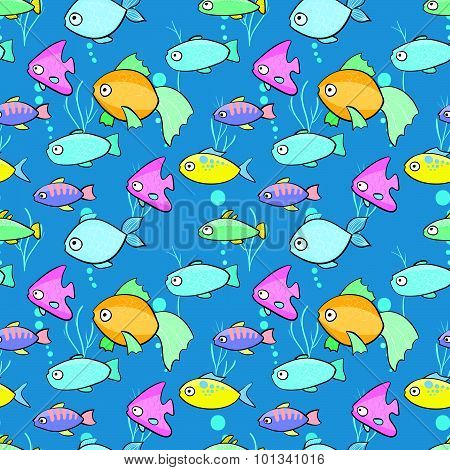 Seamless Pattern With Fish In Cartoon Style.