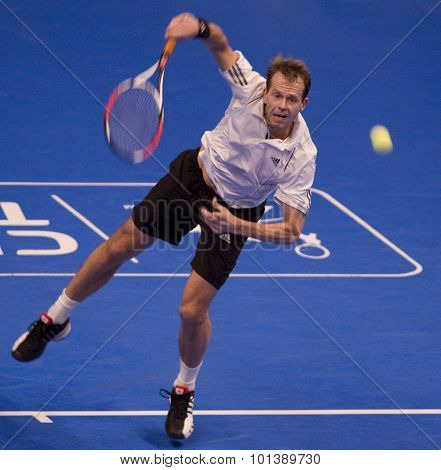 LONDON, ENGLAND. 05 DECEMBER 2009 -   Stefan Edberg (SWE) competing in a preliminary match in the the season finale to the ATP Champions Tour match during the AEGON Masters Tennis