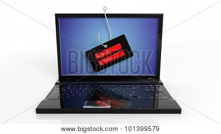 Fishing hook on laptop screen with username and password tag, isolated on white background