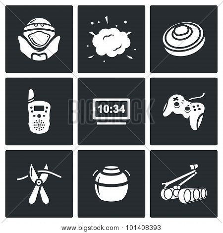 Minesweeper, demining equipment for mine clearance icons set. Vector Illustration. Vector Isolated Flat Icons collection on a black background for design