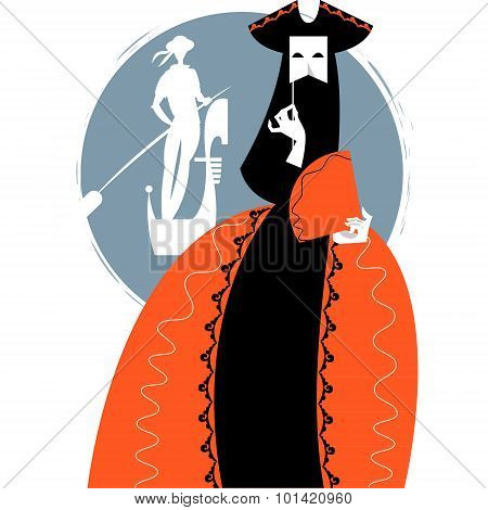 Carnival Of Venice. Woman With A Mask And Gondolier.