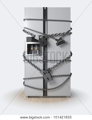 Dieting concept. Refrigerator, chain and lock