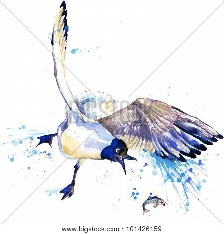 seagull T-shirt graphics. seagull illustration with splash watercolor textured  background.