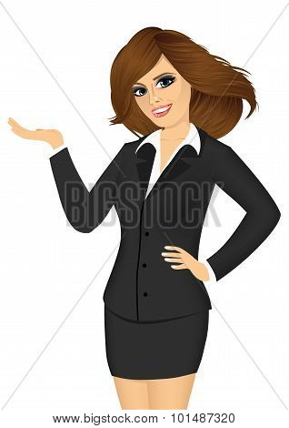 friendly business woman showing something