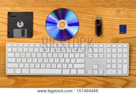 Portable Data Storage Devices Lined Up In Order To Show Technology Changes